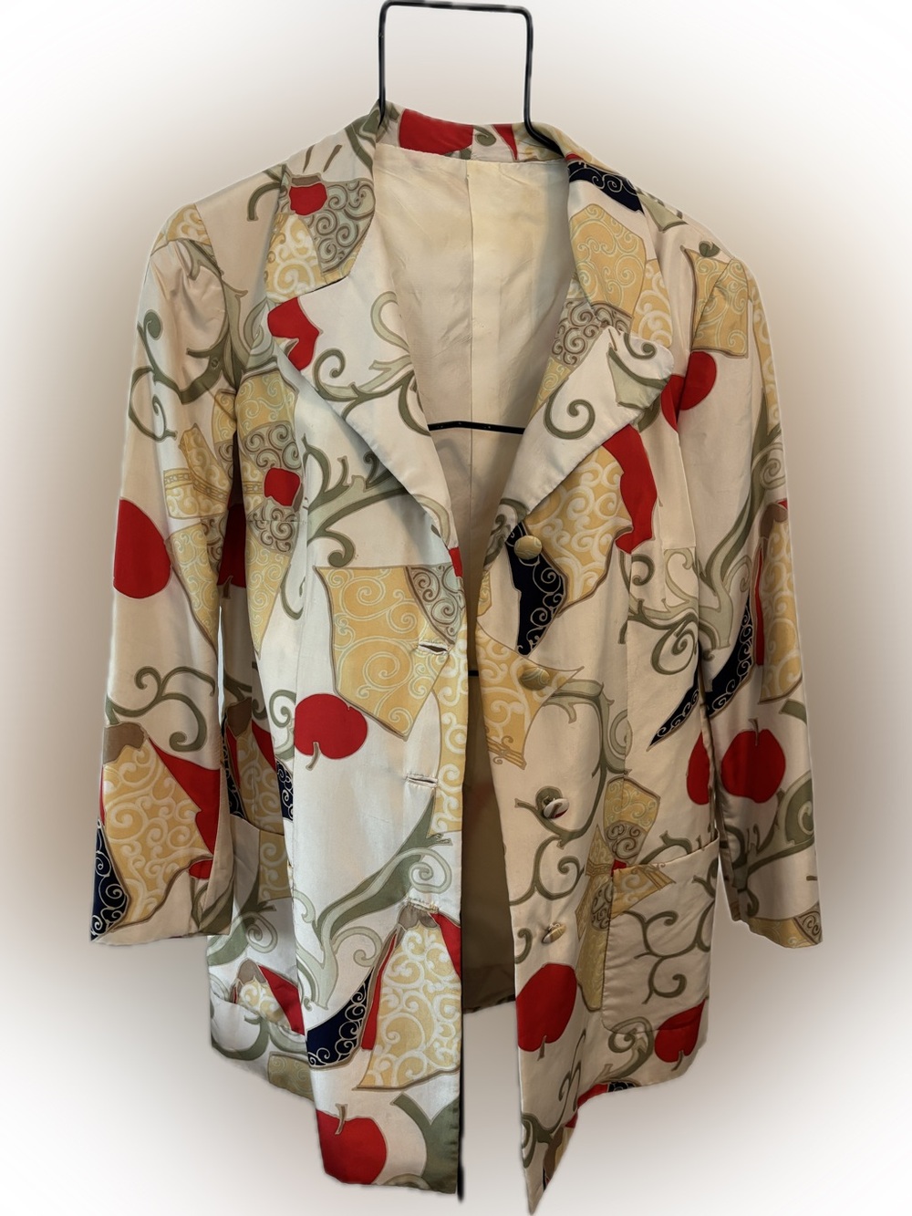 Vintage Custom made Italian Silk Cream Printed Button-Front Jacket